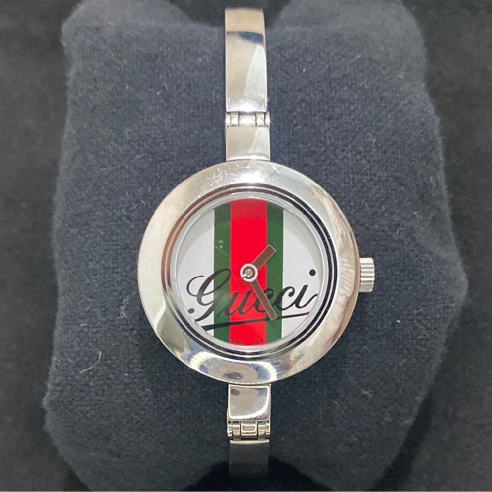 Gucci Silver Watch with Red and Green Stripes